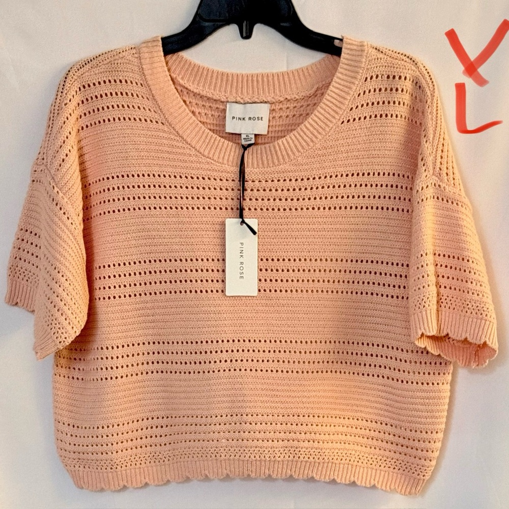 Pink Rose Peach Open-Knit Short Sleeve Sweater